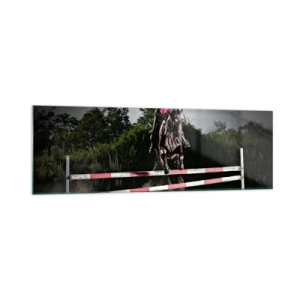 Impression sur verre - Image sur verre - Un cavalier sur un cheval sautant par-dessus un obstacle sur une piste de course - 160x50cm - Ensemble pour la victoire - Décoration murale moderne pour le salon et la chambre ARTTOR