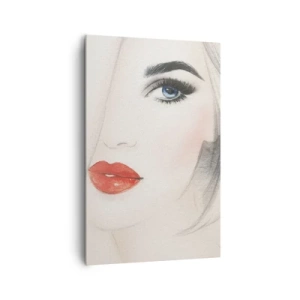 Impression sur toile - Image sur toile - Un portrait minimaliste d'une femme aux yeux bleus et aux lèvres rouges. - 80x120cm - Il hypnotise et enivre - Décoration murale moderne pour le salon et la chambre ARTTOR
