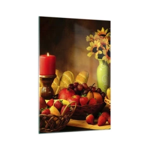Impression sur verre - Image sur verre - Nature morte avec fruits, pain, bougie et fleurs - 70x100cm - Nature morte de pain et de fruits - Décoration murale moderne pour le salon et la chambre ARTTOR