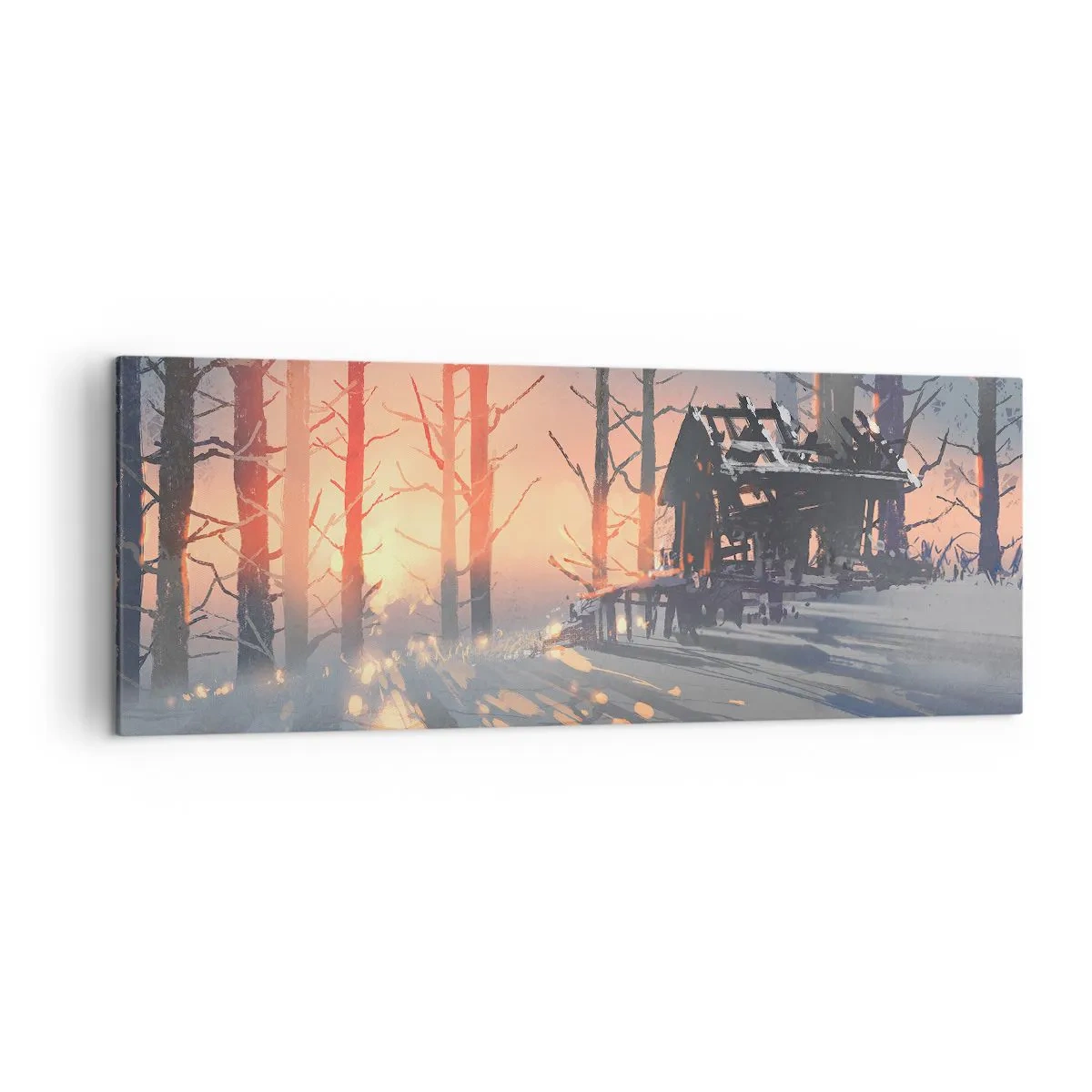 Impression sur toile - Image sur toile - Un chalet forestier dans un paysage hivernal avec les rayons du soleil couchant - 140x50cm - Seul le soleil regarde ici - Décoration murale moderne pour le salon et la chambre ARTTOR