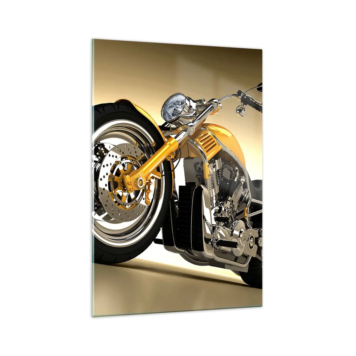 Impression sur verre - Image sur verre - Une moto jaune de style chopper contre un mur beige - 70x100cm - Un rêve de force et de vitesse - Décoration murale moderne pour le salon et la chambre ARTTOR