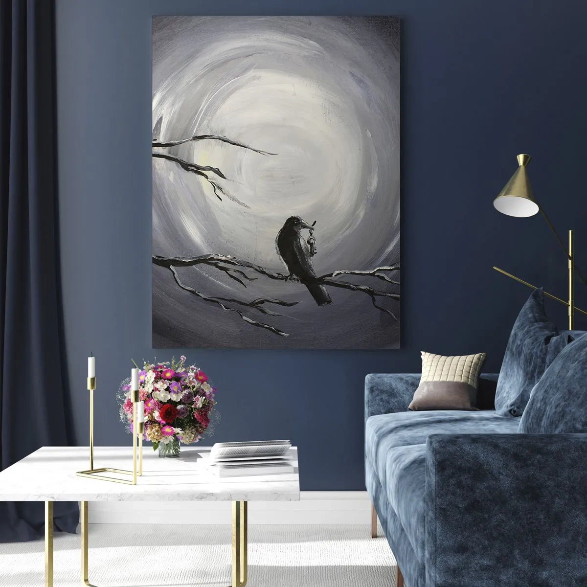 Impression sur verre - Image sur verre - Un corbeau assis sur une branche sur fond de pleine lune - 50x70cm - La clé du mystère de la nuit - Décoration murale moderne pour le salon et la chambre ARTTOR