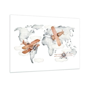 Impression sur verre - Image sur verre - Carte du monde des avions rétro pour les enfants - 100x70cm - Dans un esprit pionnier - Décoration murale moderne pour le salon et la chambre ARTTOR