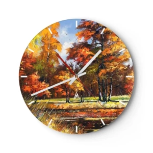 Horloge murale - Pendule murale - Forêt d'automne avec des feuilles colorées et une lumière chaude sur un paysage paisible - 30x30cm - Paysage en or et bronze - Décoration murale moderne pour le salon, la cuisine et la chambre ARTTOR