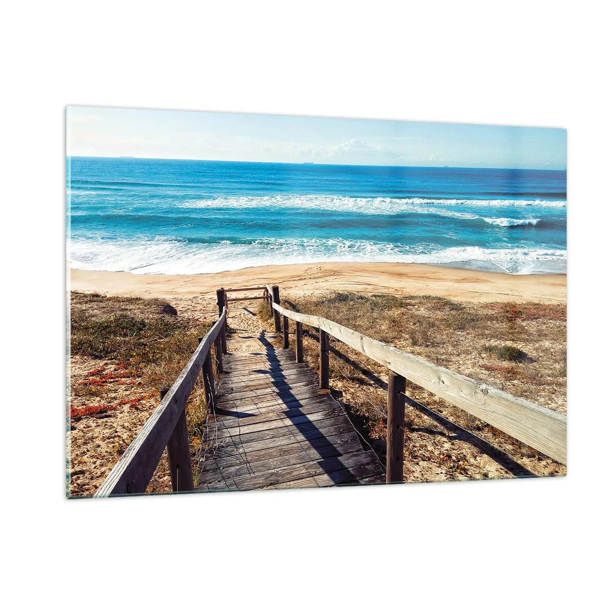 Impression sur verre - Image sur verre - Chemin en bois menant à la plage avec vue sur l'océan - 120x80cm - Cours! - Décoration murale moderne pour le salon et la chambre ARTTOR