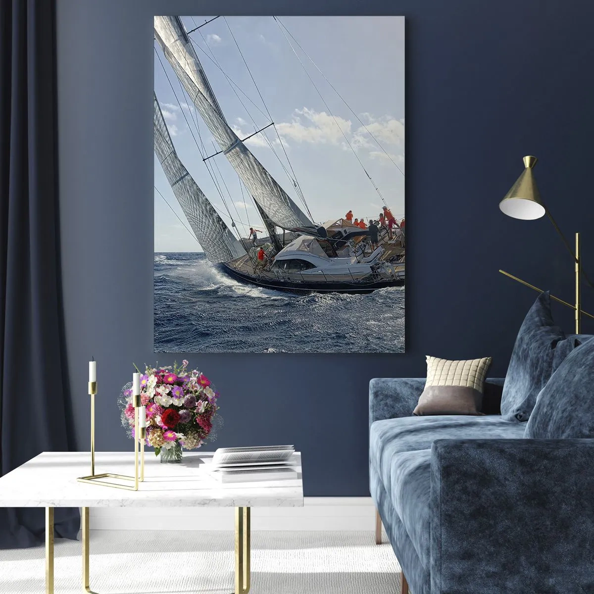 Impression sur verre - Image sur verre - Course de yachts en haute mer sous un ciel bleu - 70x100cm - Que le meilleur l'emporte - Décoration murale moderne pour le salon et la chambre ARTTOR
