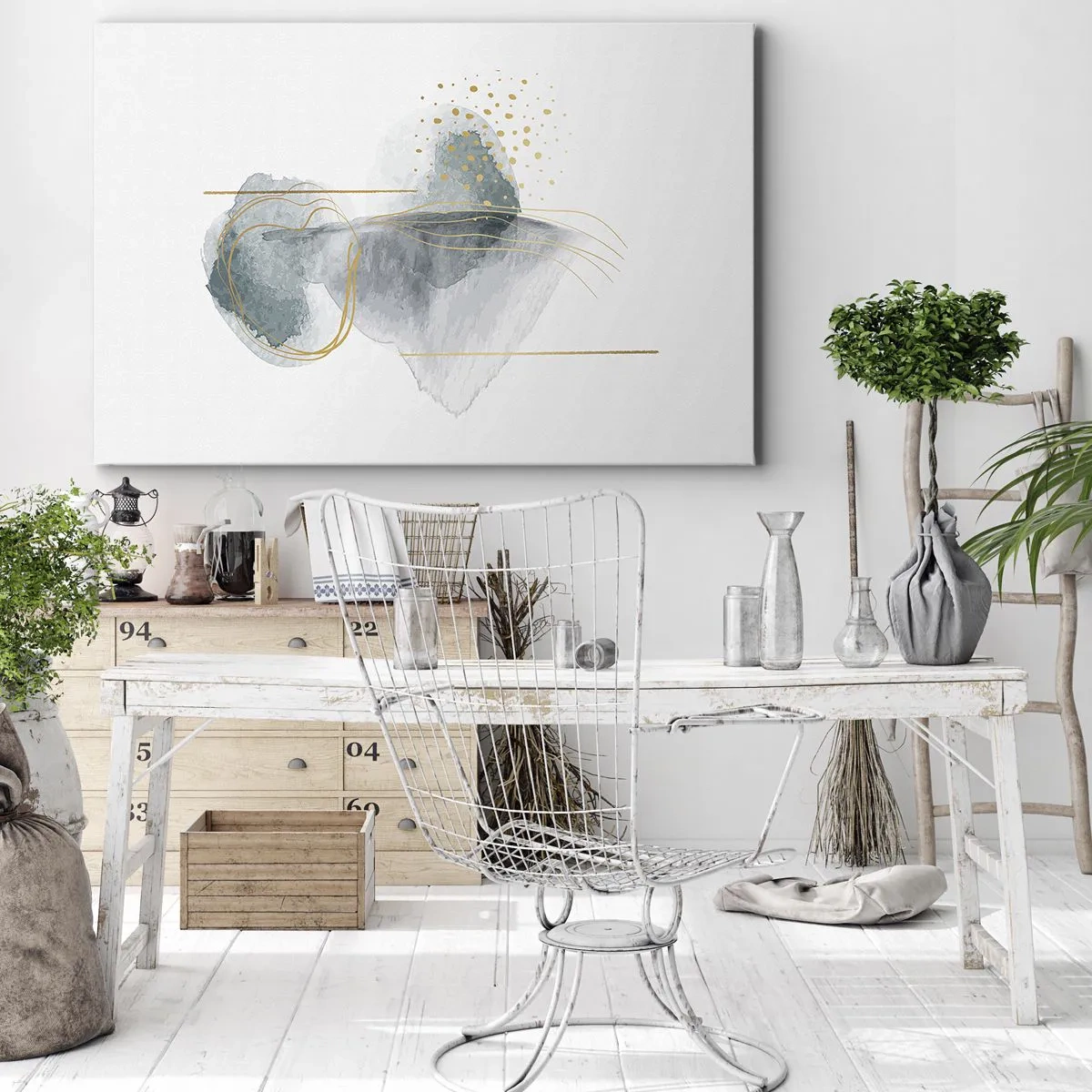 Impression sur toile - Image sur toile - Une composition abstraite dans des tons turquoise et or. - 100x70cm - À propos de la relation entre le gris et l'or - Décoration murale moderne pour le salon et la chambre ARTTOR