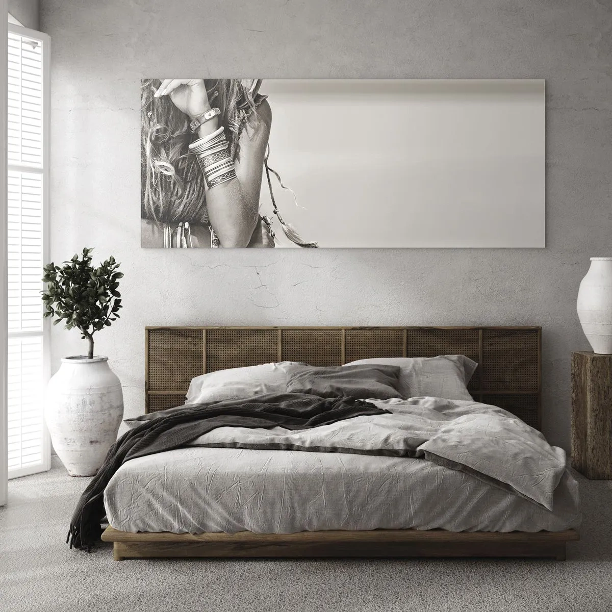 Impression sur verre - Image sur verre - Portrait d'une femme bohème avec des bijoux - 140x50cm - Comment va la fille - Décoration murale moderne pour le salon et la chambre ARTTOR