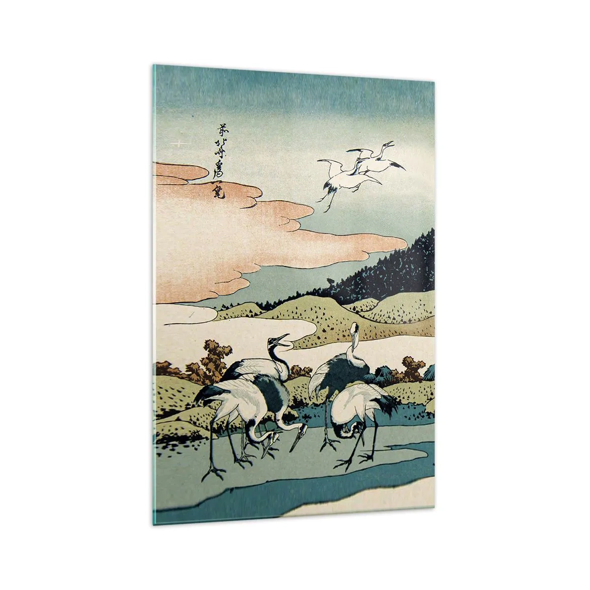 Impression sur verre - Image sur verre - Graphismes japonais traditionnels avec des montagnes et des grues - 70x100cm - Avec une âme japonnaise - Décoration murale moderne pour le salon et la chambre ARTTOR