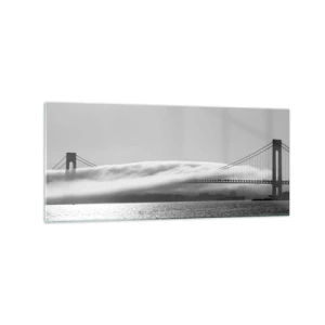 Impression sur verre - Image sur verre - Un pont sur l'eau enveloppé de brouillard dans une photo en noir et blanc - 120x50cm - Naviguez à travers les Portes des Étoiles - Décoration murale moderne pour le salon et la chambre ARTTOR