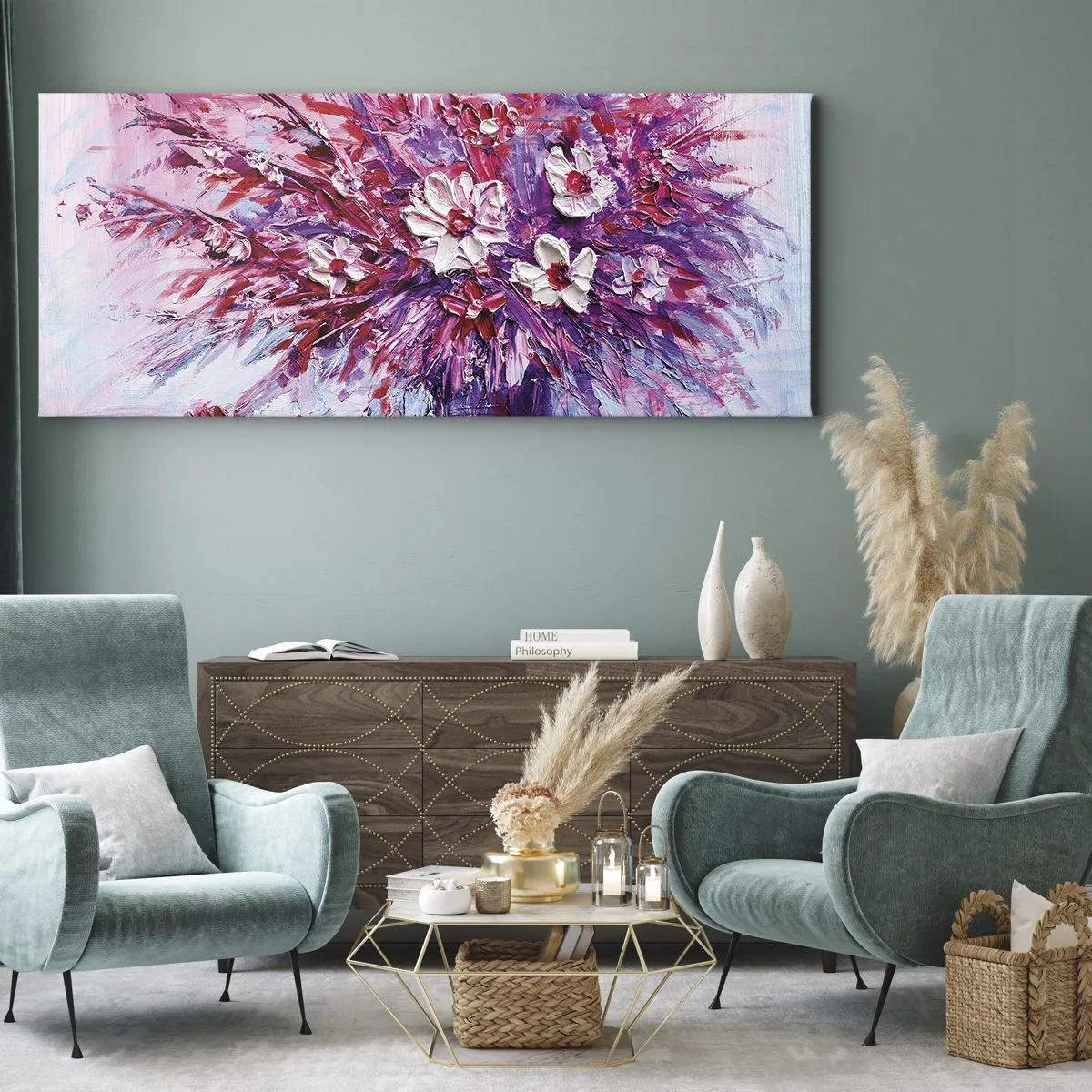 Impression sur toile - Image sur toile - Un bouquet de fleurs colorées dans des tons de rose et de violet - 120x50cm - Innocence et passion - Décoration murale moderne pour le salon et la chambre ARTTOR
