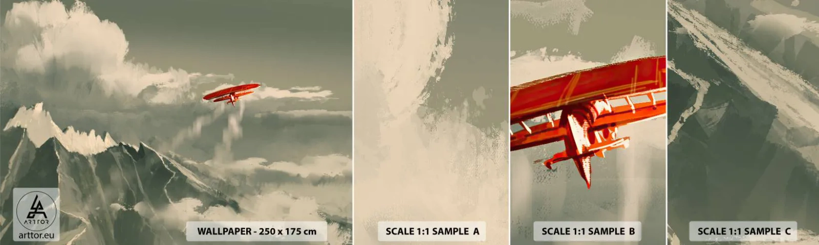 Échantillon de Papier Peint Autocollant Deluxe Sticker - Pionnier intrépide - Abstraction, Avion, Paysage de montagne - 100x30 cm