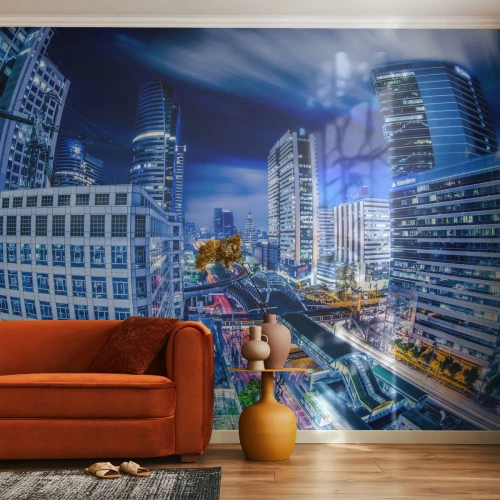 Papier Peint Photo Premium Canvas - Rythmes de la ville nocturne - Ville, Bangkok, Architecture - 350x256 cm
