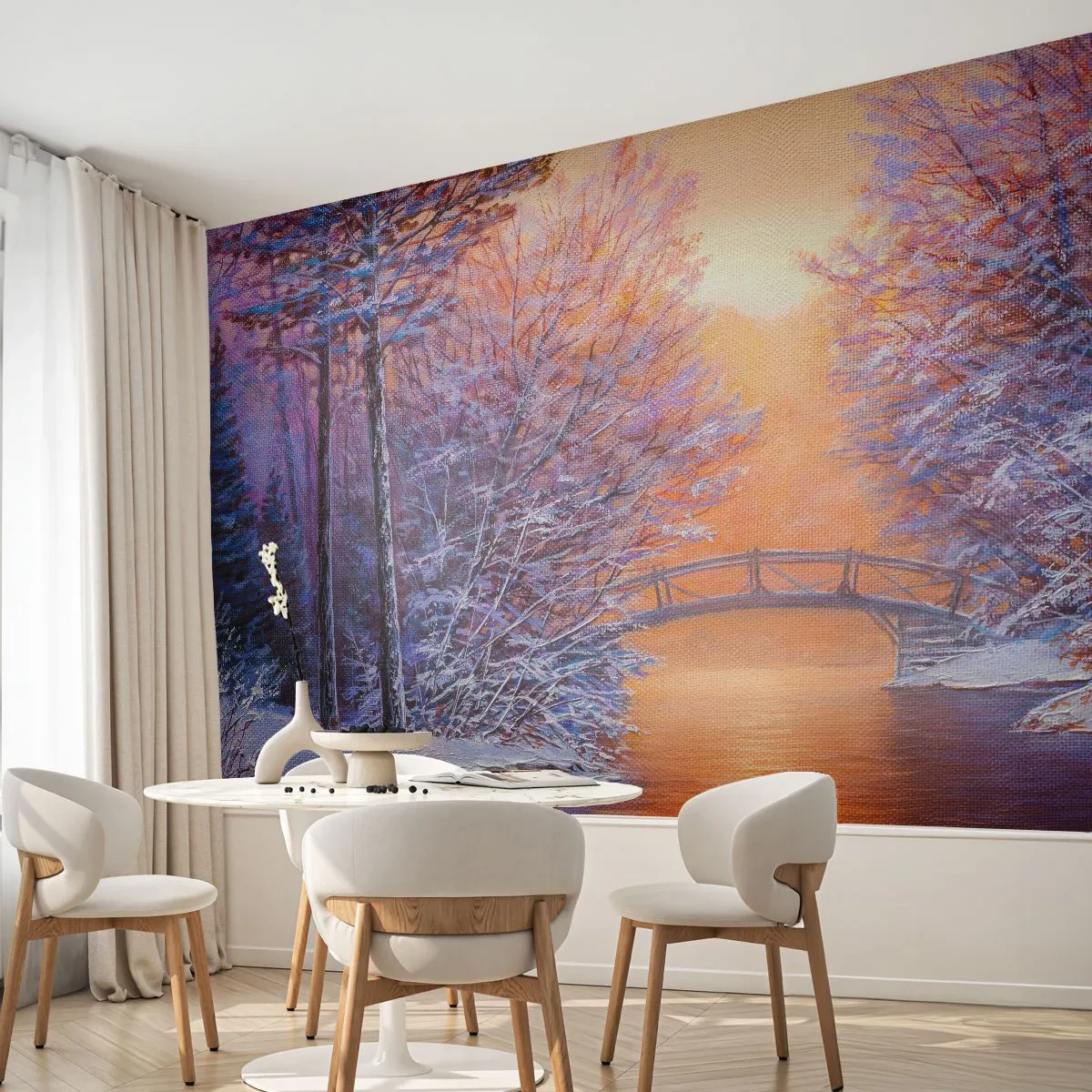 Papier Peint Photo Premium Canvas - Paysage d'hiver avec un pont et un coucher de soleil - 100x70cm - On se rencontre ici - Décoration murale moderne pour le salon et la chambre ARTTOR