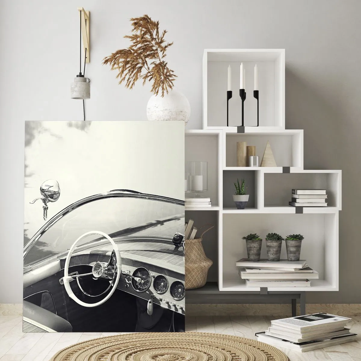 Impression sur verre - Image sur verre - Cockpit de voiture classique en noir et blanc - 50x70cm - Temps pour riche - Décoration murale moderne pour le salon et la chambre ARTTOR