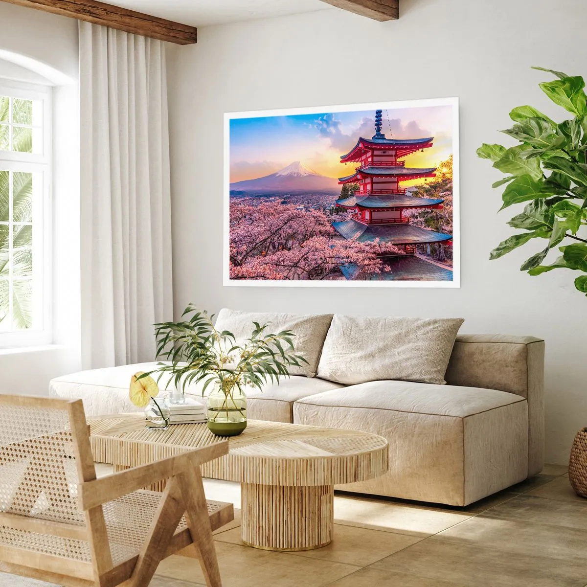 Affiche - Poster - Une pagode au Japon avec des cerisiers en fleurs et le mont Fuji - 100x70cm - Essence d'âme japonnaise - Décoration murale moderne pour le salon et la chambre ARTTOR