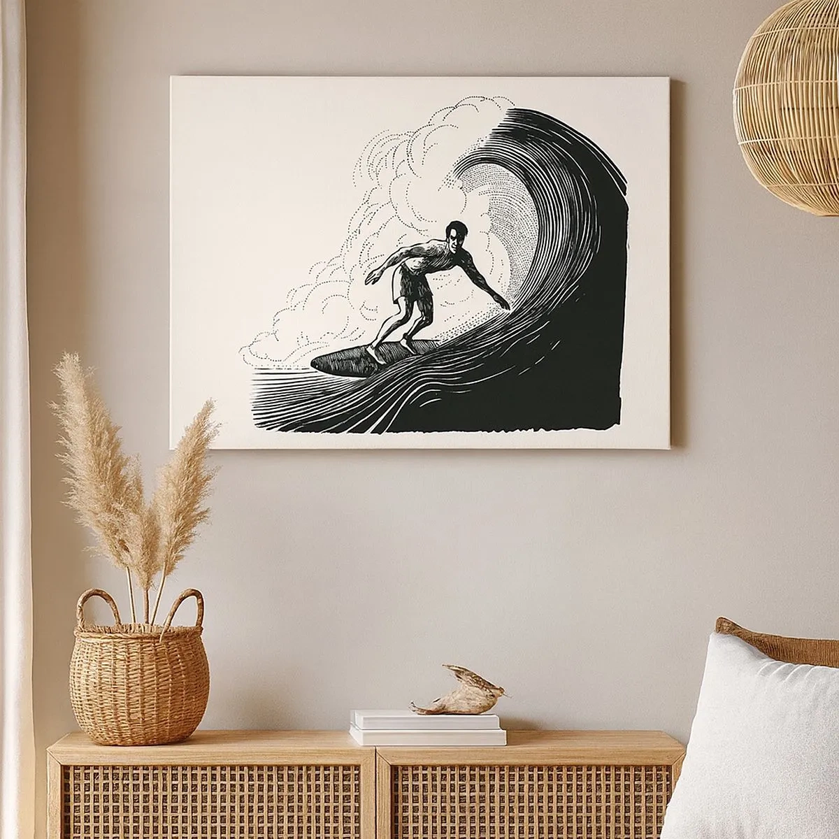 Impression sur toile - Image sur toile - Graphique en noir et blanc d'un surfeur sur une vague - 70x50cm - Le roi de la vague - Décoration murale moderne pour le salon et la chambre ARTTOR