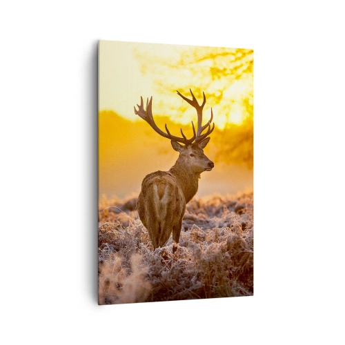 Impression sur toile - Image sur toile - Un cerf sur fond de forêt d'automne illuminée par le soleil doré - 80x120cm - Roi de la forêt automnal - Décoration murale moderne pour le salon et la chambre ARTTOR
