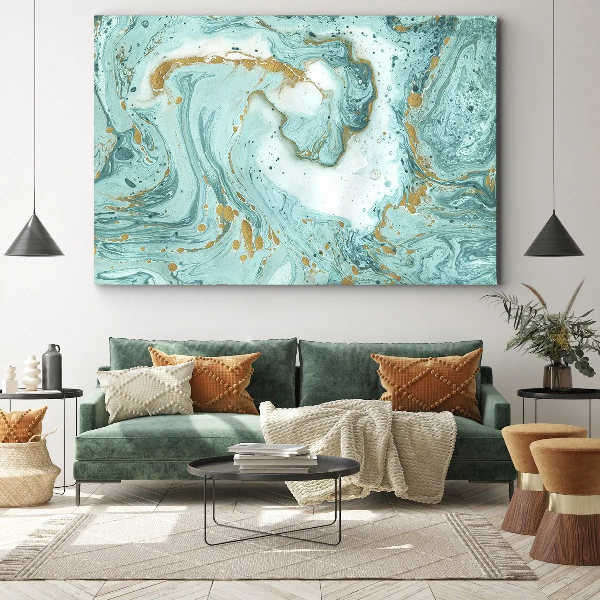 Impression sur toile - Image sur toile - Marbre turquoise avec des accents dorés dans une composition abstraite - 70x50cm - Sous la grande vague de l'ère Edo - Décoration murale moderne pour le salon et la chambre ARTTOR
