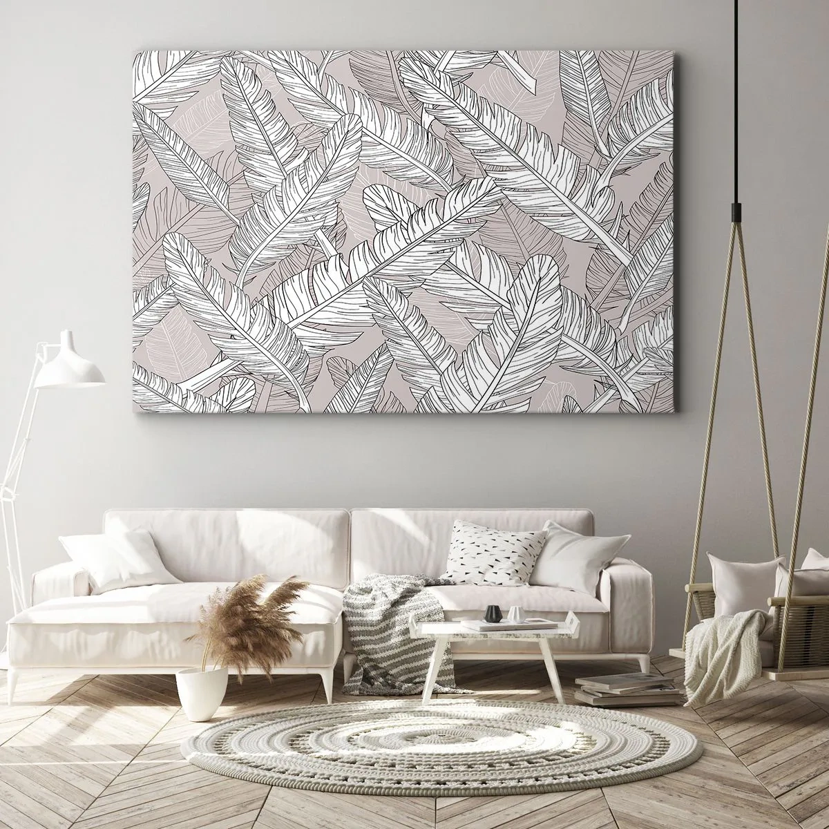 Impression sur toile - Image sur toile - Motif noir et blanc avec des feuilles de bananier sur un fond clair - 70x50cm - Un tourbillon de plumes - Décoration murale moderne pour le salon et la chambre ARTTOR