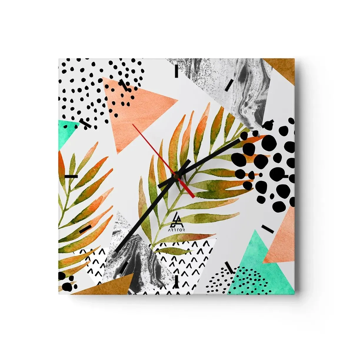 Horloge murale - Pendule murale - Motif tropical avec des feuilles et des formes géométriques - 30x30cm - Décoration avec feuille de palmier - Décoration murale moderne pour le salon et la chambre ARTTOR