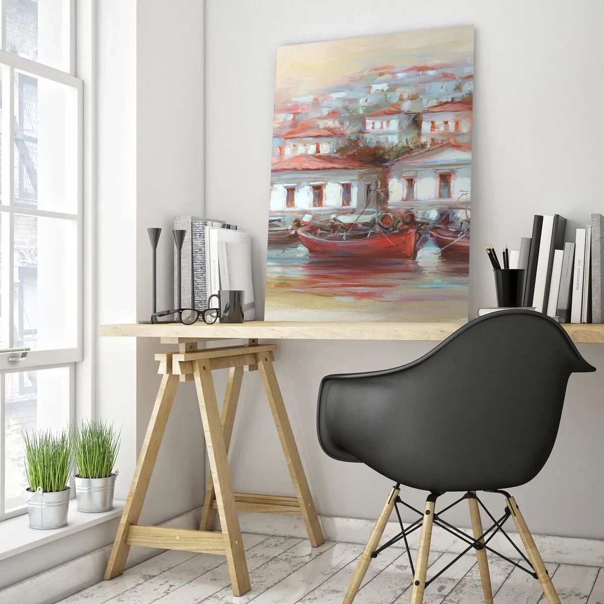 Impression sur verre - Image sur verre - Une ville pittoresque avec des bateaux dans le port au coucher du soleil - 50x70cm - Petite ville heureuse - Décoration murale moderne pour le salon et la chambre ARTTOR