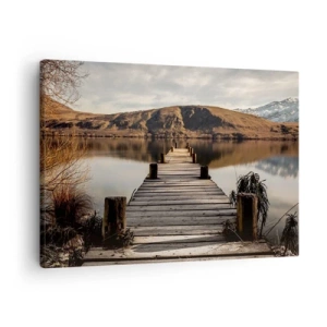 Impression sur toile - Image sur toile - Une jetée en bois sur un lac entouré de collines pittoresques - 70x50cm - Paysage silencieux - Décoration murale moderne pour le salon et la chambre ARTTOR