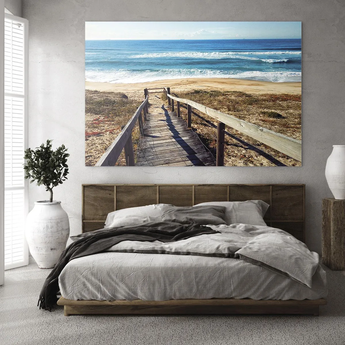 Impression sur verre - Image sur verre - Chemin en bois menant à la plage avec vue sur l'océan - 70x50cm - Cours! - Décoration murale moderne pour le salon et la chambre ARTTOR