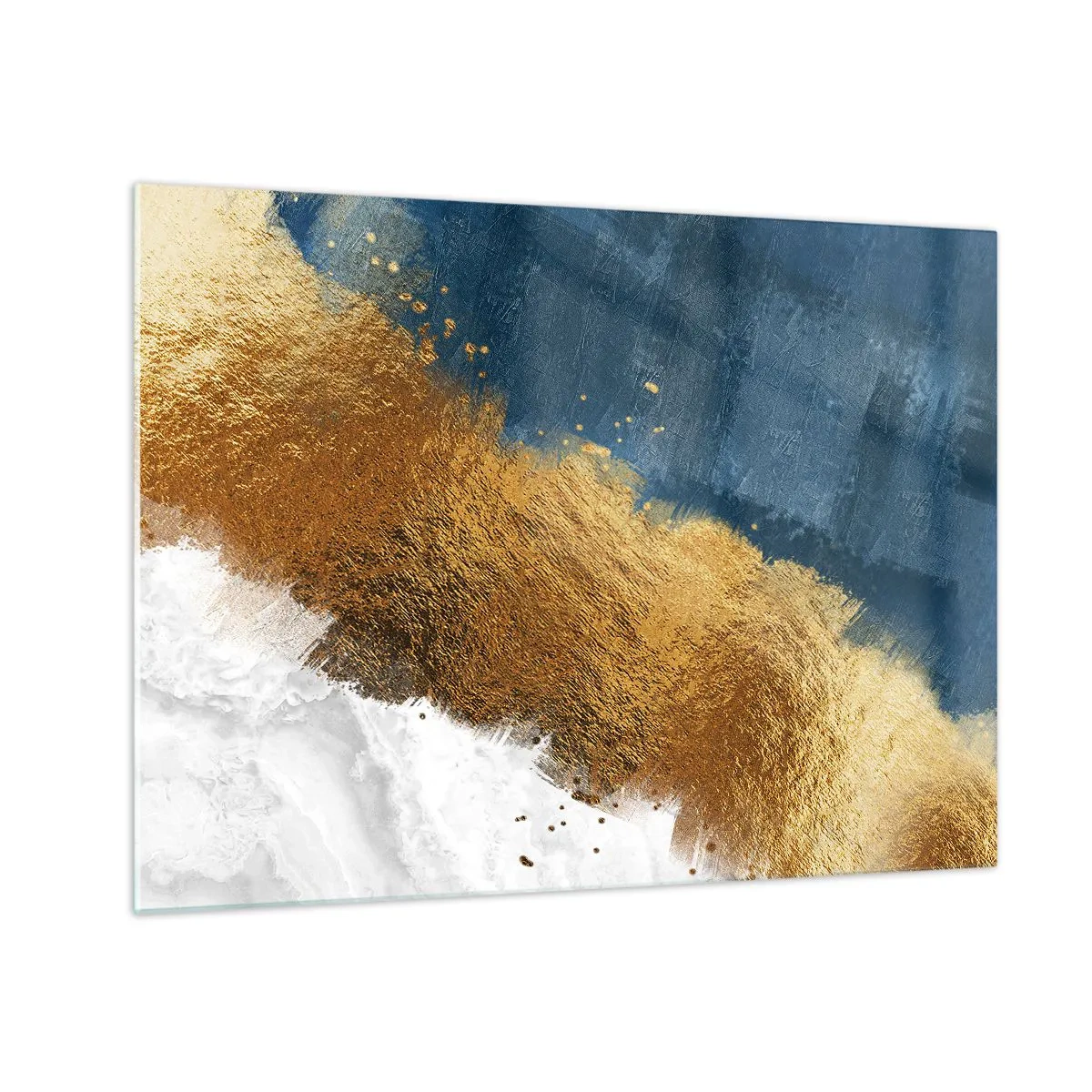 Impression sur verre - Image sur verre - Coups de peinture dorés sur fond bleu marine et blanc - 70x50cm - Les couleurs de l’été - Décoration murale moderne pour le salon et la chambre ARTTOR
