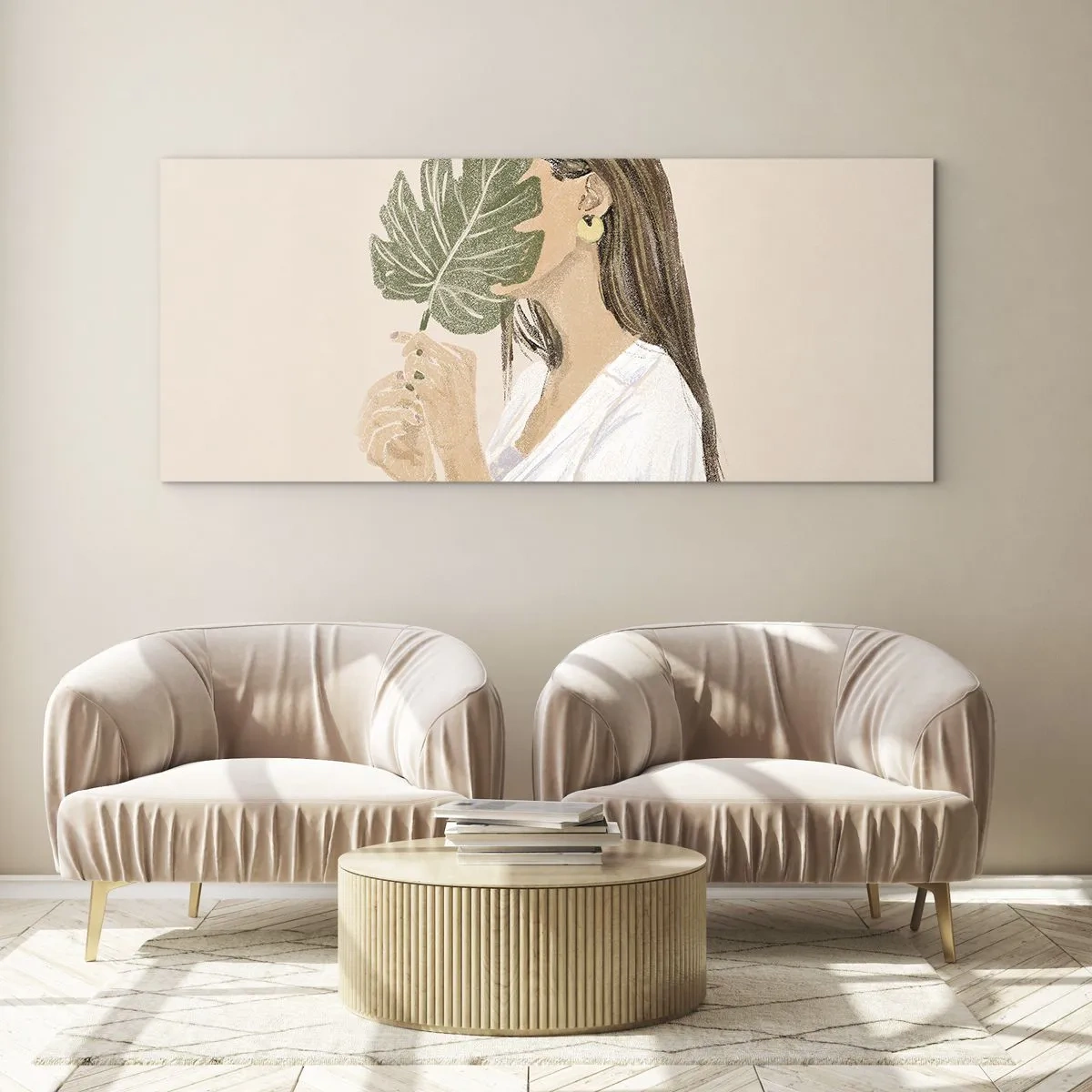 Impression sur verre - Image sur verre - Portrait d'une femme avec une feuille de monstera sur fond beige - 120x50cm - Portrait mystérieux avec un éventail - Décoration murale moderne pour le salon et la chambre ARTTOR