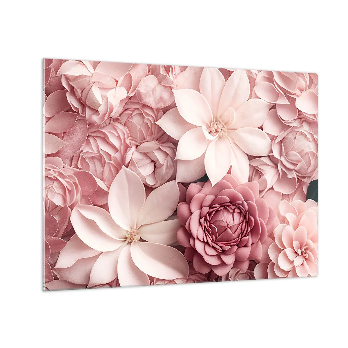 Impression sur verre - Image sur verre - De délicates fleurs roses dans une composition pleine de pétales - 70x50cm - Dans les pétales roses - Décoration murale moderne pour le salon et la chambre ARTTOR