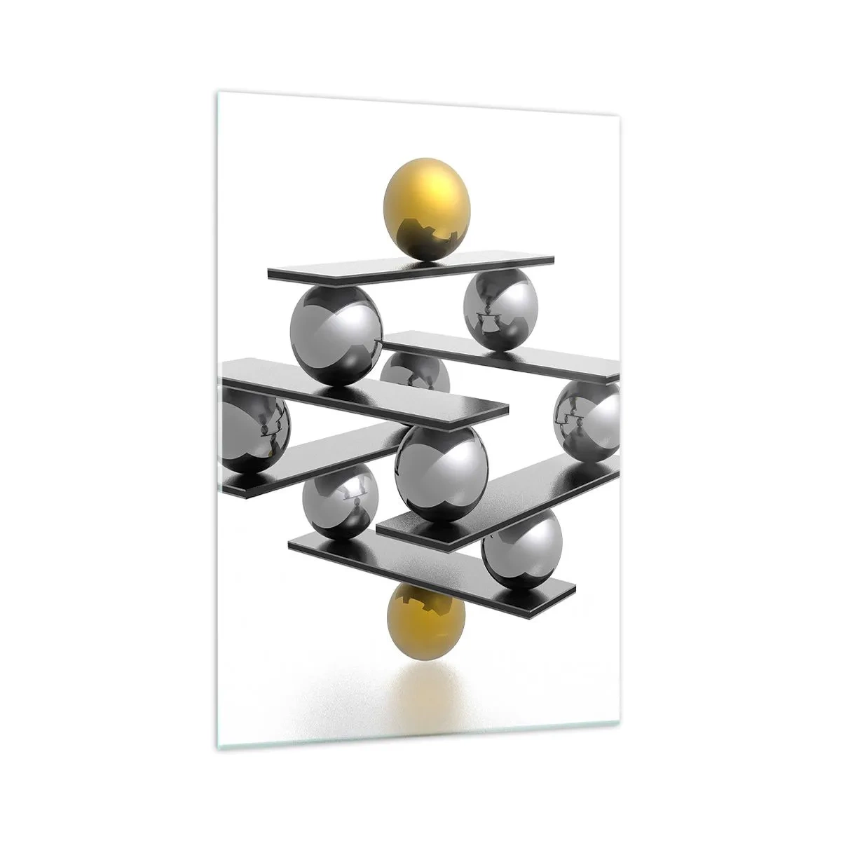 Impression sur verre - Image sur verre - Composition géométrique avec des boules métalliques et un accent doré - 70x100cm - Balance d'or et d'argent - Décoration murale moderne pour le salon et la chambre ARTTOR