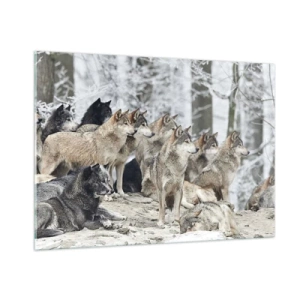 Impression sur verre - Image sur verre - Une meute de loups dans la forêt d'hiver - 100x70cm - Famille et amis - Décoration murale moderne pour le salon et la chambre ARTTOR