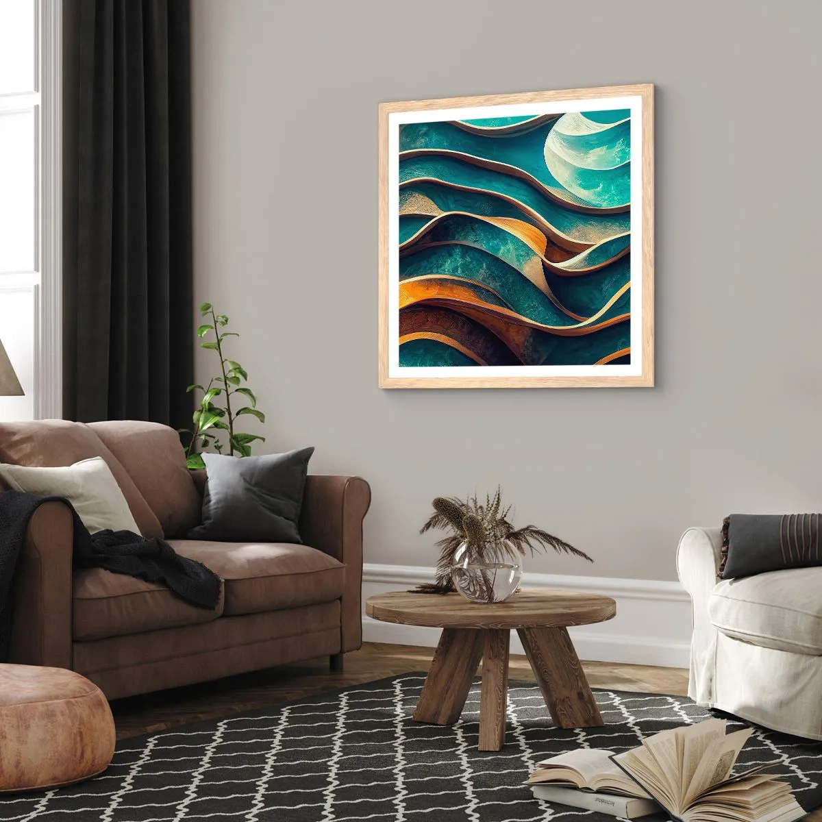 Affiche dans un chêne clair - Poster - Méandres de bleu - 30x30 cm