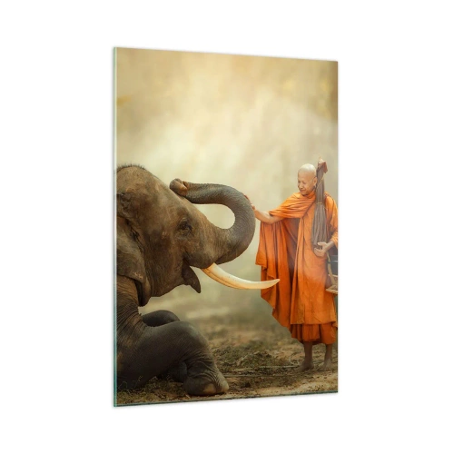 Impression sur verre - Image sur verre - Un moine en robe orange avec un éléphant dans un décor naturel - 50x70cm - Rencontre en voyageant - Décoration murale moderne pour le salon et la chambre ARTTOR