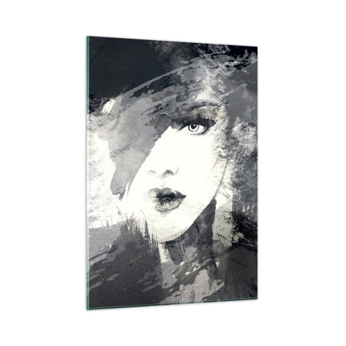 Impression sur verre - Image sur verre - Le visage d'une femme est partiellement recouvert de taches grises abstraites. - 50x70cm - Derrière un voile gris - Décoration murale moderne pour le salon et la chambre ARTTOR