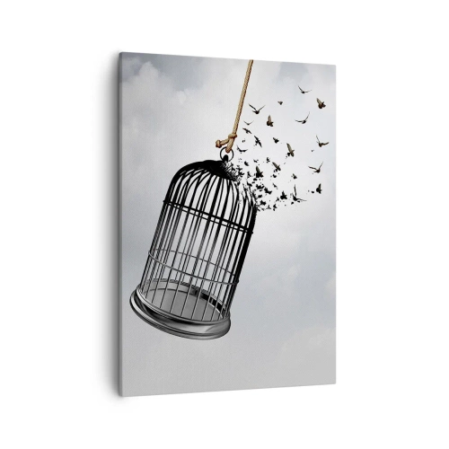 Impression sur toile - Image sur toile - Des oiseaux s'envolent d'une cage dans le ciel - 50x70cm - Foie...Espoir...Liberté! - Décoration murale moderne pour le salon et la chambre ARTTOR