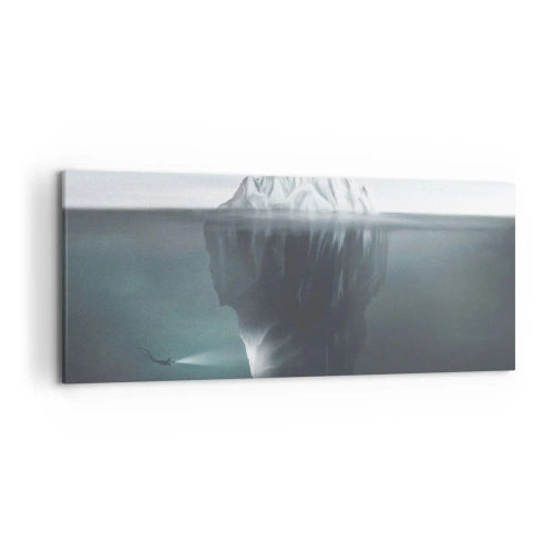 Impression sur toile - Image sur toile - Un iceberg dans l'eau avec un plongeur et un projecteur sous la surface. - 120x50cm - Mystère sous-marin - Décoration murale moderne pour le salon et la chambre ARTTOR