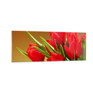 Impression sur verre - Image sur verre - Un bouquet de tulipes rouges sur fond doré avec des feuilles vertes. - 140x50cm - Amas de joie printanière - Décoration murale moderne pour le salon et la chambre ARTTOR