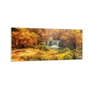 Impression sur verre - Image sur verre - Cascade de forêt en or - 100x40 cm