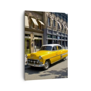 Impression sur toile - Image sur toile - Un taxi jaune dans une rue bordée d'immeubles - 70x100cm - Il y a longtemps en Amérique - Décoration murale moderne pour le salon et la chambre ARTTOR