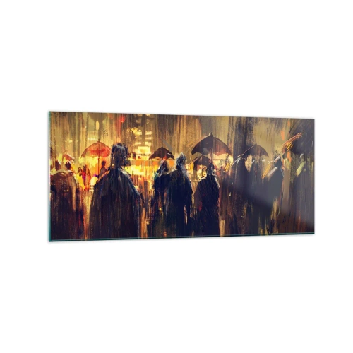 Impression sur verre - Image sur verre - Personnages avec des parapluies dans une ville pluvieuse la nuit - 120x50cm - Adeptes de la pluie - Décoration murale moderne pour le salon et la chambre ARTTOR