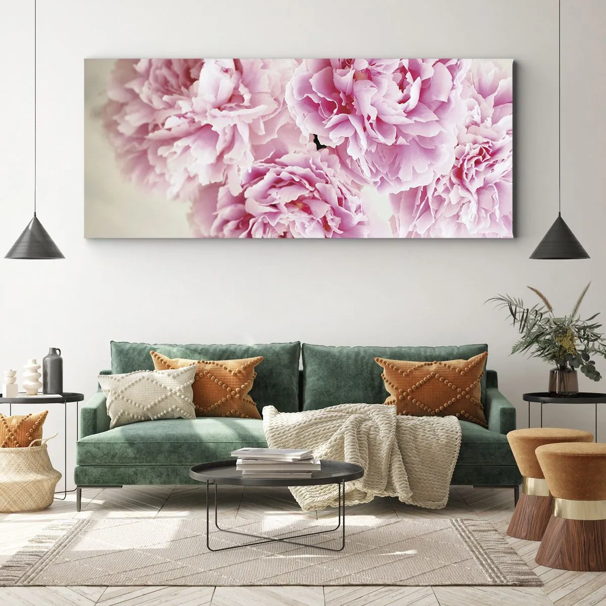 Impression sur toile - Image sur toile - Un bouquet de pivoines roses sur fond clair - 160x50cm - En glamour rose - Décoration murale moderne pour le salon et la chambre ARTTOR