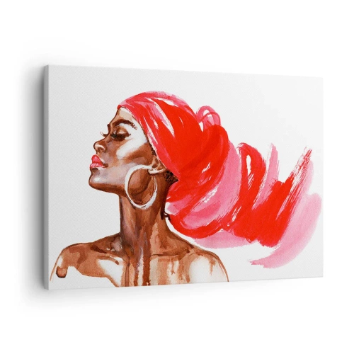 Impression sur toile - Image sur toile - Profil d'une femme avec un turban rouge et des boucles d'oreilles - 70x50cm - "Les cheveux dans le vent" - Décoration murale moderne pour le salon et la chambre ARTTOR