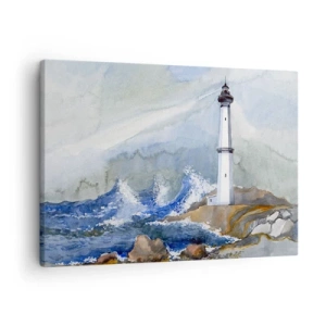 Impression sur toile - Image sur toile - Un phare sur un rivage rocheux avec une mer agitée - 70x50cm - Contre l'obscurité et la tempête - Décoration murale moderne pour le salon et la chambre ARTTOR