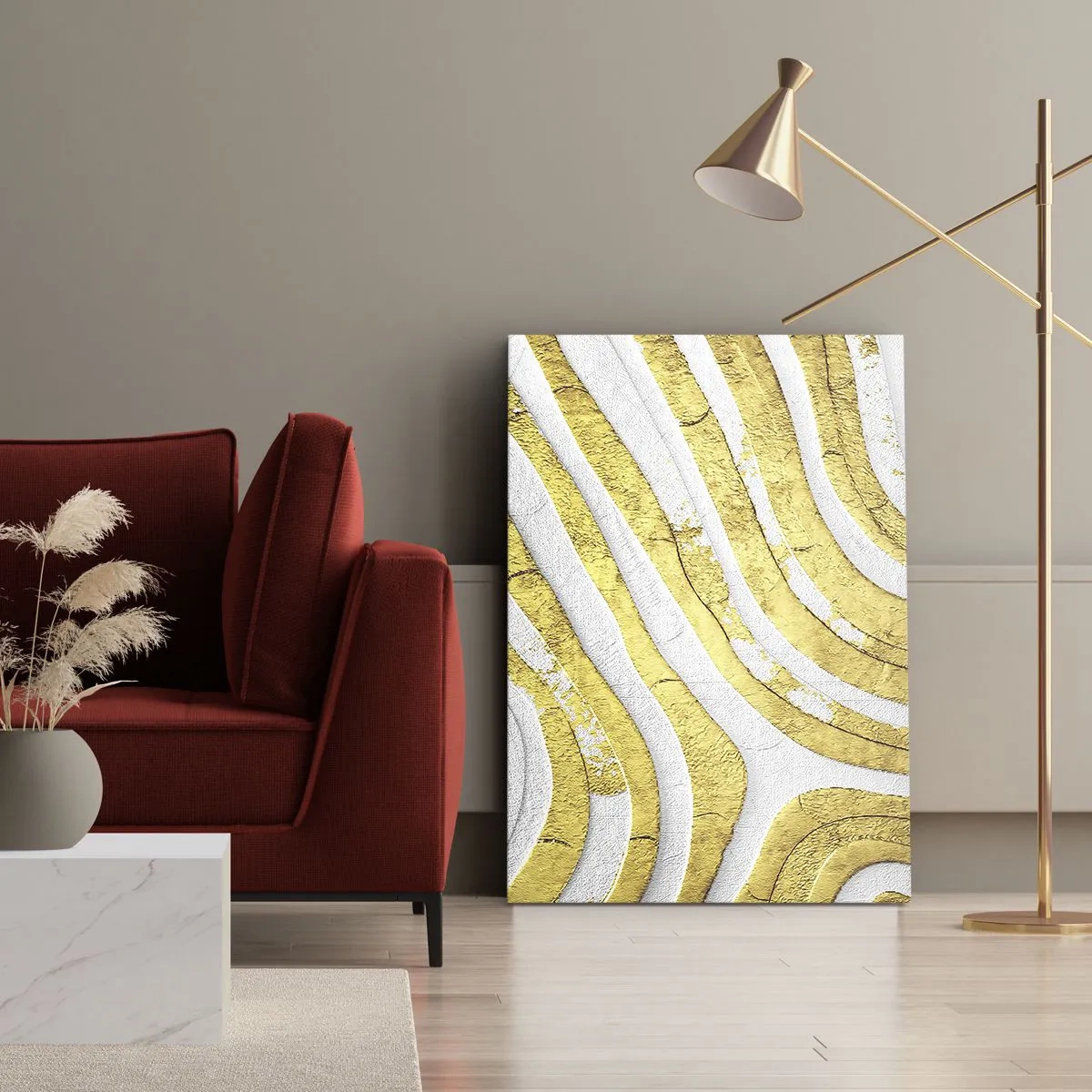 Impression sur toile - Image sur toile - Lignes abstraites dorées et blanches dans une texture 3D - 50x70cm - Composition en blanc et or - Décoration murale moderne pour le salon et la chambre ARTTOR