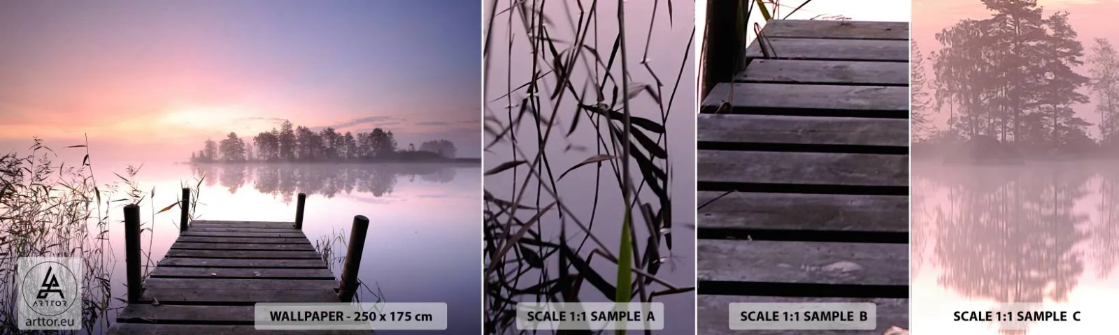Échantillon de Papier Peint Autocollant Deluxe Sticker - De la brume lilas… - Paysage, Lever du soleil, Lac - 100x30 cm