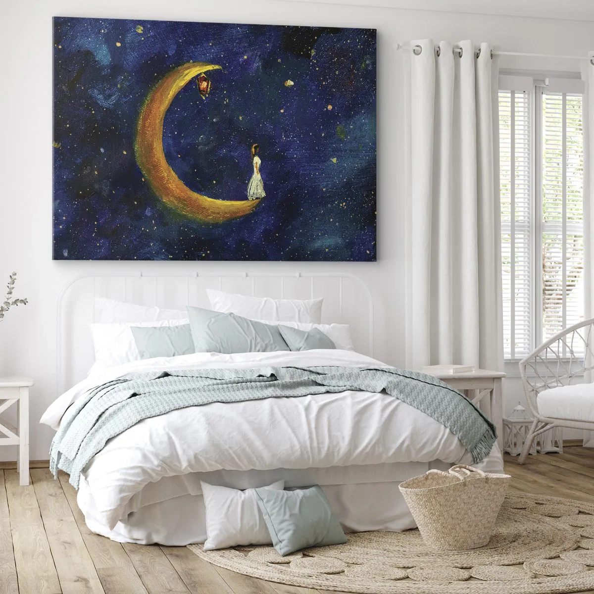 Impression sur toile - Image sur toile - Une fille debout sur la lune dans un ciel étoilé - 120x80cm - Appel du monde - Décoration murale moderne pour le salon et la chambre ARTTOR