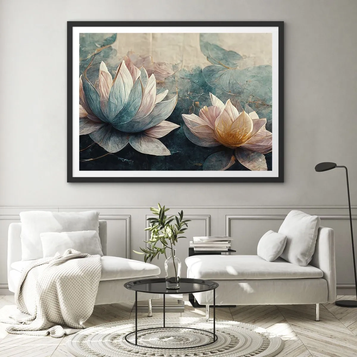 Affiche dans un cadre noir - Poster - De subtils nénuphars aux tons pastel de bleu et d'or - 70x50cm - Les étoiles du lac - Décoration murale moderne pour le salon et la chambre ARTTOR