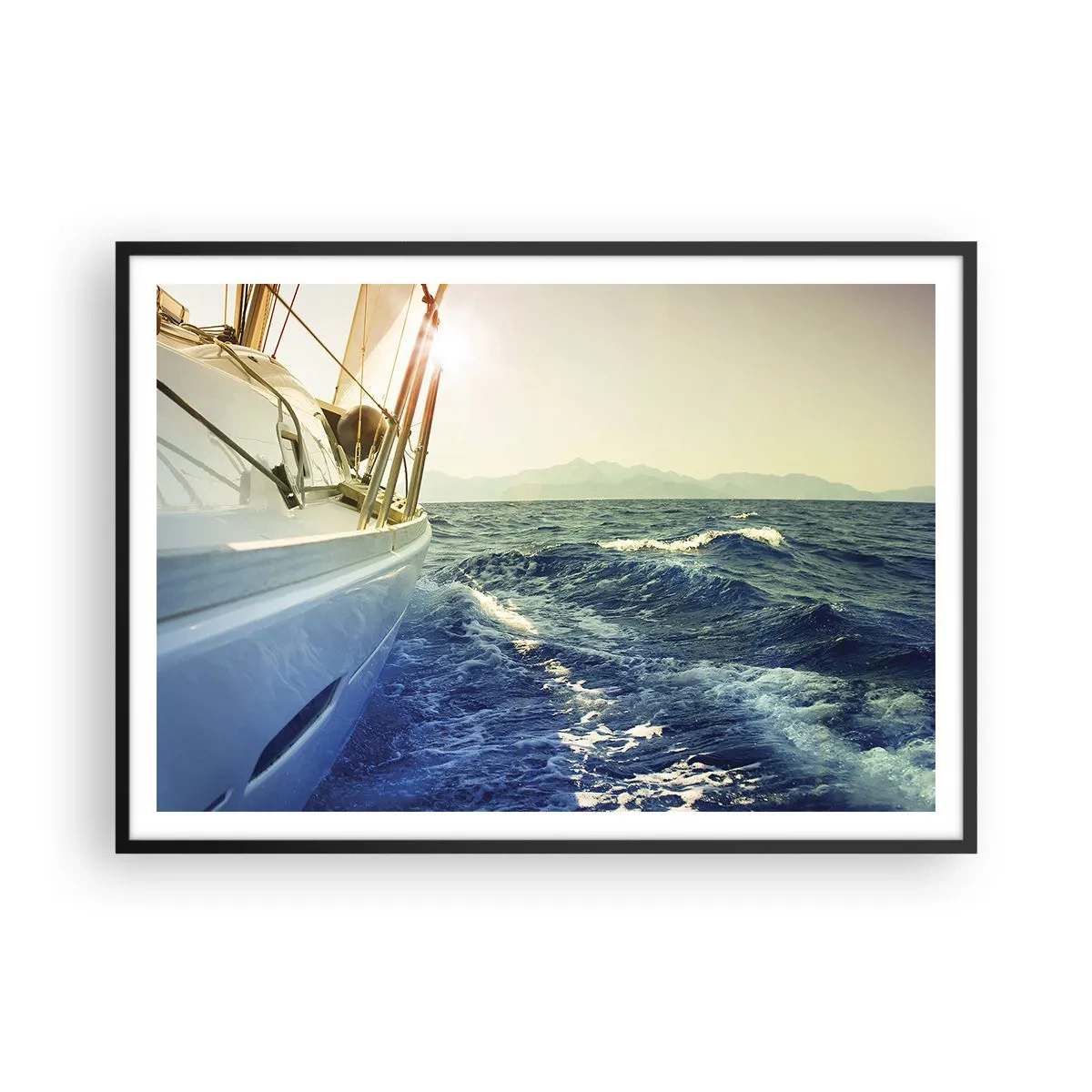 Affiche dans un cadre noir - Poster - Un yacht en pleine mer avec vue sur les vagues - 100x70cm - Suite à l'aventure - Décoration murale moderne pour le salon et la chambre ARTTOR